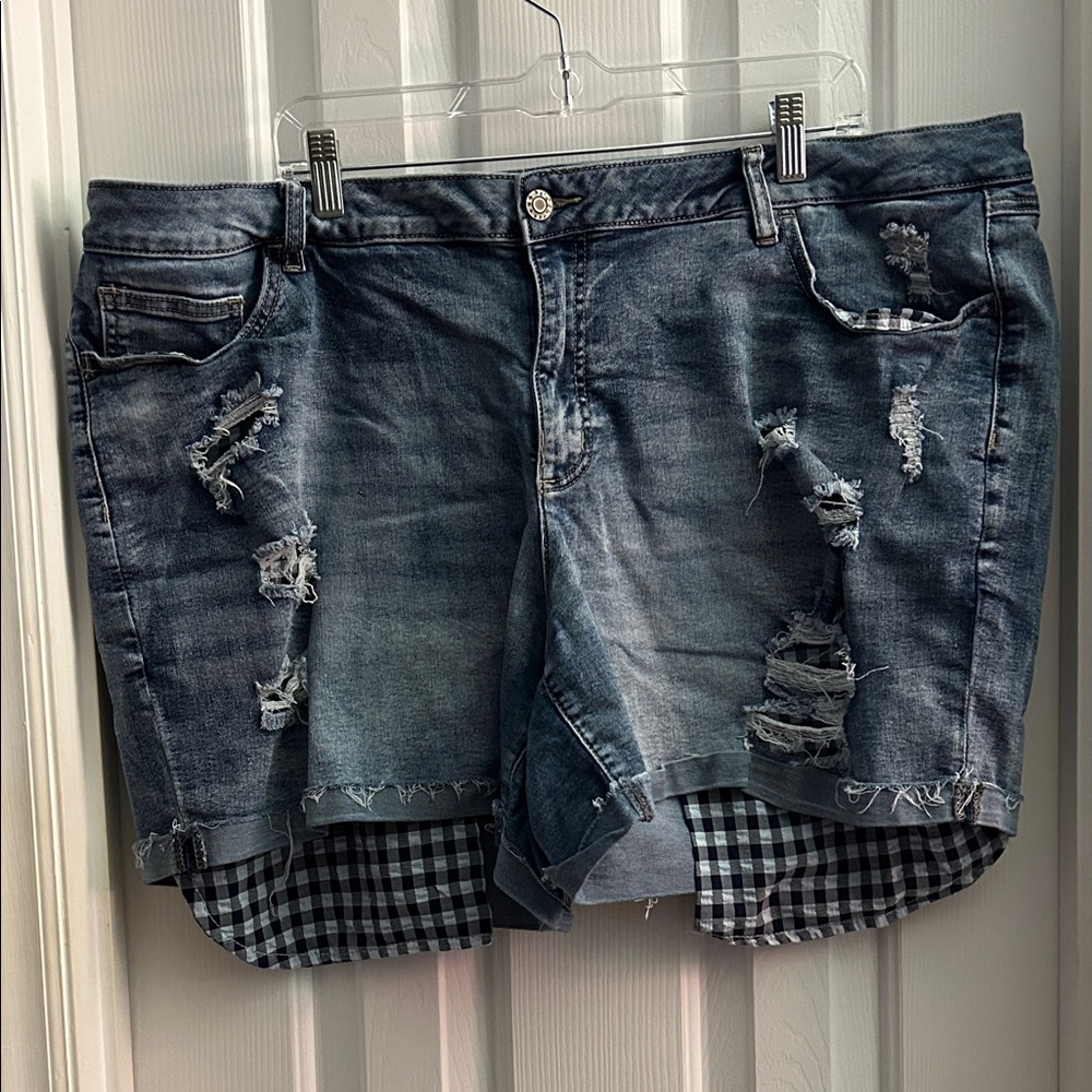 Cato Distressed Dark Blue Jean Shorts with Gingham Lining
